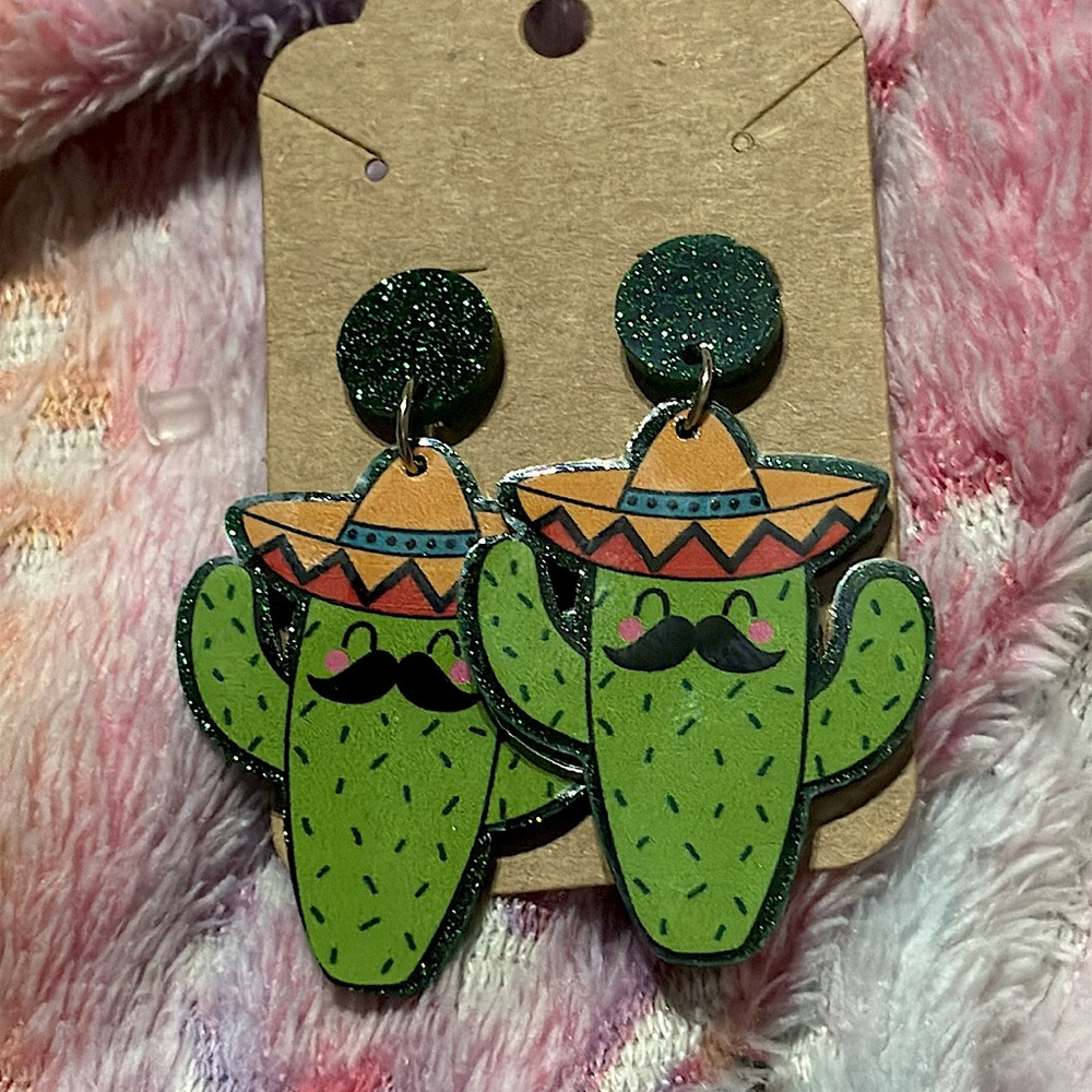 Green Cactus Dangle Earrings